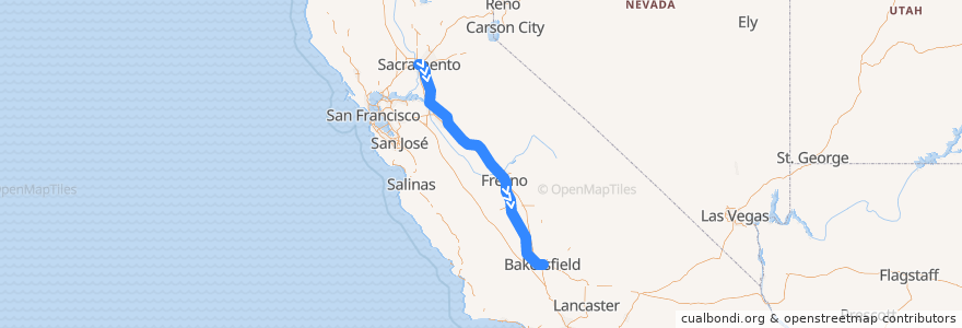Mapa del recorrido Amtrak San Joaquins: Sacramento => Bakersfield de la línea  en كاليفورنيا.