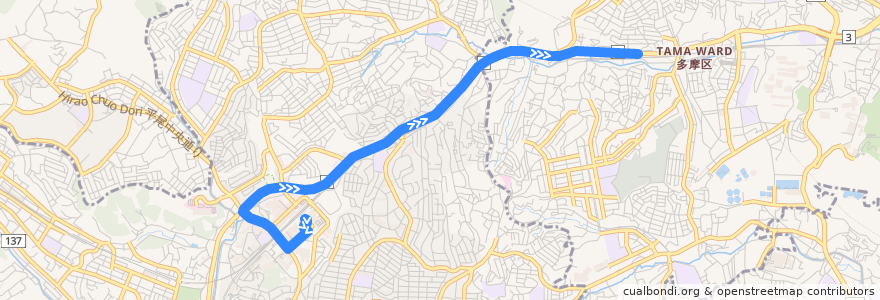 Mapa del recorrido 新百合ヶ丘駅 => 生田折返場 de la línea  en Kawasaki.