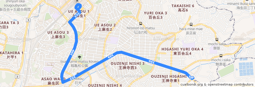 Mapa del recorrido 王禅寺線　田園調布学園大学 => 新百合ヶ丘駅 de la línea  en 麻生区.