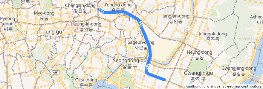 Mapa del recorrido 서울 지하철 2호선 성수지선: 신설동 → 성수 de la línea  en Seoul.
