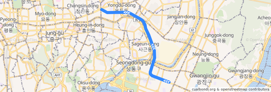 Mapa del recorrido 서울 지하철 2호선 성수지선: 성수 → 신설동 de la línea  en Seul.