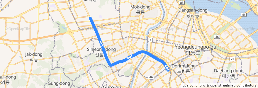 Mapa del recorrido 서울 지하철 2호선 신정지선: 신도림 → 까치산 방면 de la línea  en 서울특별시.