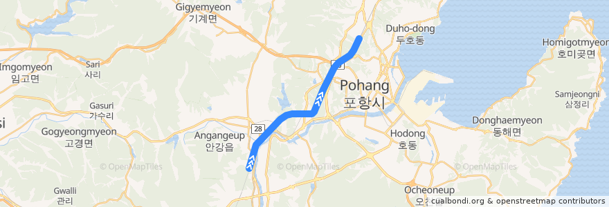 Mapa del recorrido 서울-포항간 고속철도 하행 de la línea  en 경상북도.