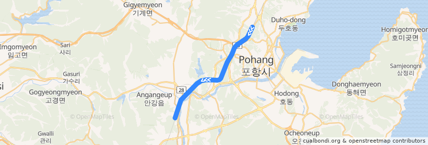 Mapa del recorrido 서울-포항간 고속철도 상행 de la línea  en Gyeongsang Utara.