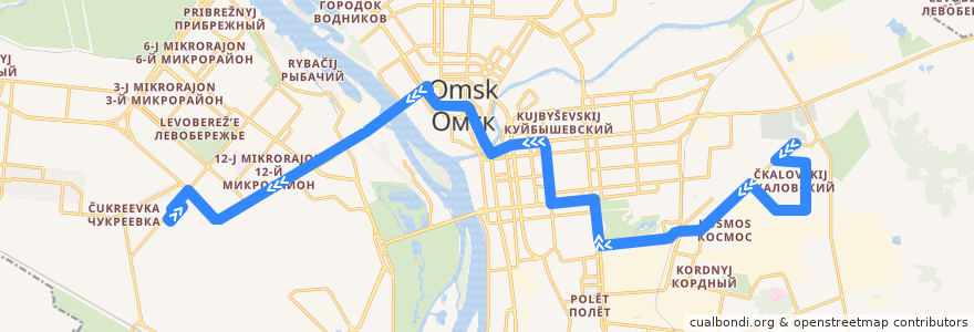 Mapa del recorrido Автобус №23 : пос. Чкаловский - СТЦ Мега de la línea  en オムスク管区.