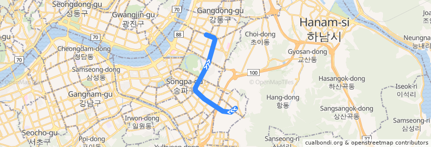 Mapa del recorrido 서울 지하철 5호선: 마천 → 강동 de la línea  en سئول.