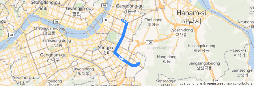 Mapa del recorrido 서울 지하철 5호선: 강동 → 마천 de la línea  en سئول.