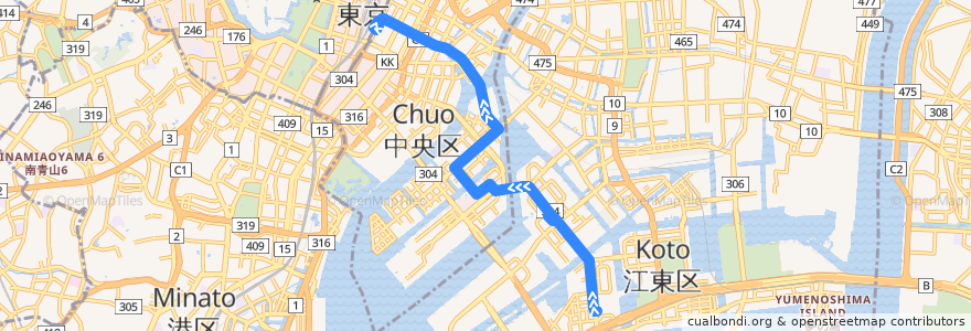 Mapa del recorrido 東16　深川車庫⇒東京駅八重洲口 de la línea  en 东京都/東京都.