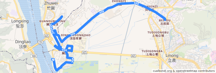 Mapa del recorrido 臺北市 小23 關渡碼頭-北投國小(往程) de la línea  en 臺北市.