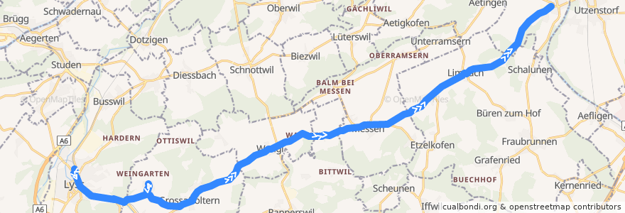 Mapa del recorrido Bus 363: Lyss => Bätterkinden de la línea  en 伯尔尼 / 伯恩 / 伯爾尼.