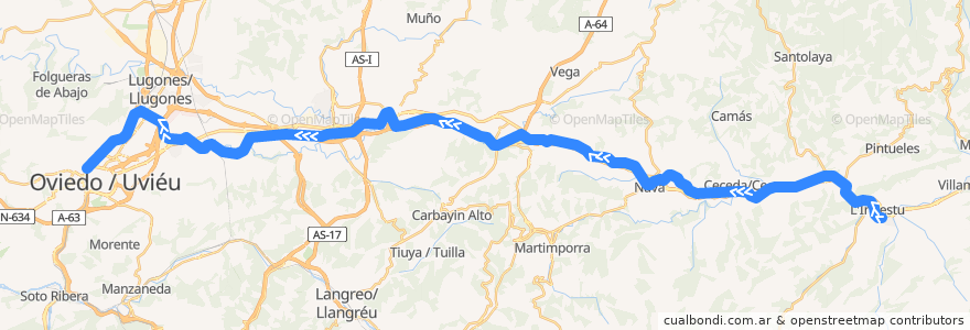 Mapa del recorrido Línea F6 Infiesto-Oviedo de la línea  en Asturias.