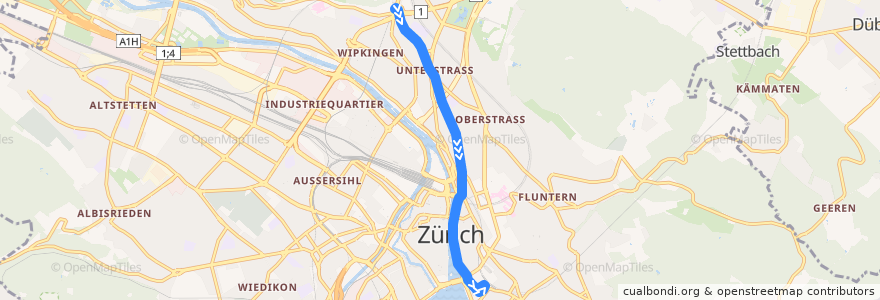 Mapa del recorrido Tram 15: Bucheggplatz → Bahnhof Stadelhofen de la línea  en Zürich.