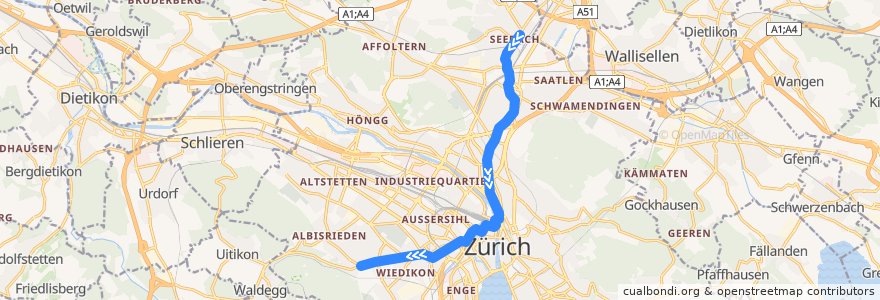 Mapa del recorrido Tram 14: Seebach → Triemli de la línea  en 蘇黎世.