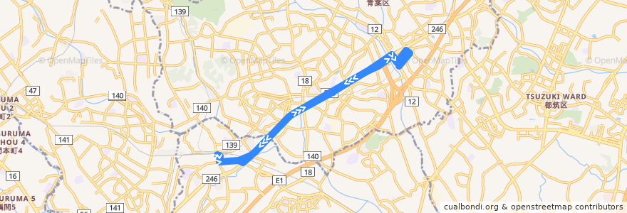 Mapa del recorrido 神奈川中央交通　市が尾02系統　市が尾駅⇔長津田駅 de la línea  en 요코하마시.