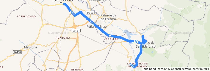 Mapa del recorrido Segovia - La Granja de San Ildefonso - Valsaín de la línea  en Ségovie.