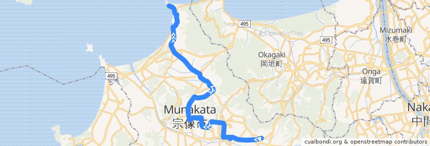 Mapa del recorrido 津屋崎〜鐘崎線 de la línea  en Munakata.