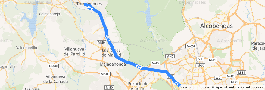 Mapa del recorrido Bus 613: Madrid (Moncloa) → Torrelodones de la línea  en Comunidad de Madrid.