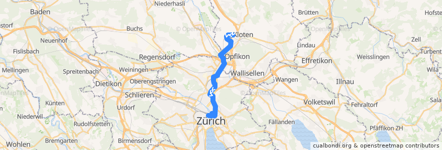 Mapa del recorrido Tram 10: Zürich Flughafen, Fracht → Zürich, Bahnhofplatz/HB de la línea  en Zürich.