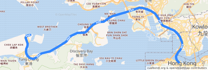 Mapa del recorrido 機場快綫 Airport Express (往市區 to City) de la línea  en 香港 Hong Kong.