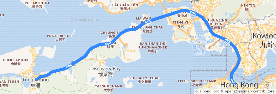 Mapa del recorrido 東涌綫 Tung Chung Line (香港 Hong Kong → 東涌 Tung Chung) de la línea  en 香港 Hong Kong.