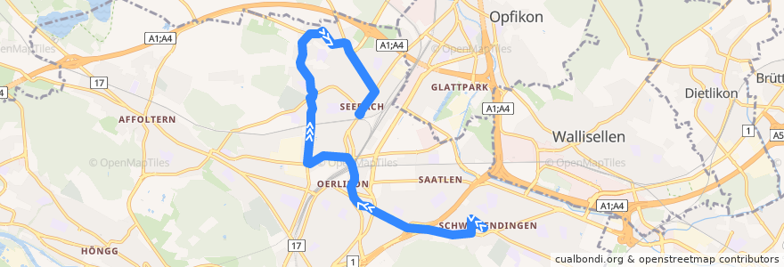 Mapa del recorrido Bus 75: Zürich, Schwamendingerplatz → Seebacherplatz de la línea  en Zurich.