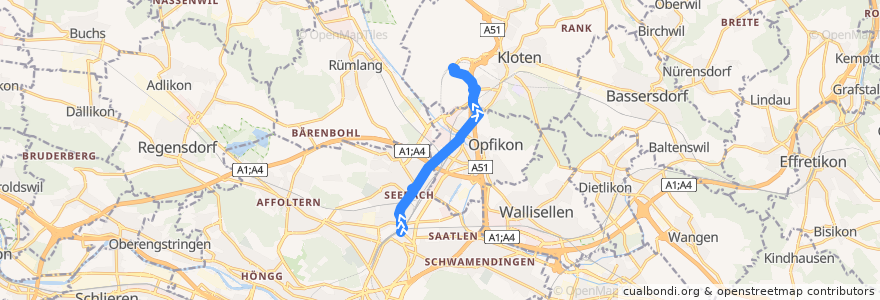 Mapa del recorrido Bus 768: Zürich, Bahnhof Oerlikon -> Zürich Flughafen, Bahnhof de la línea  en Zúrich.