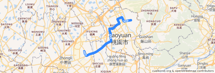 Mapa del recorrido 168 內壢復興宮→桃園榮民醫院 de la línea  en Taoyuan City.