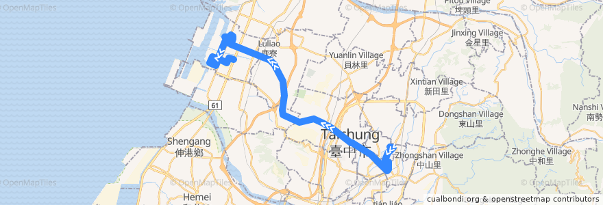 Mapa del recorrido 308路 (往關連工業區) de la línea  en 臺中市.