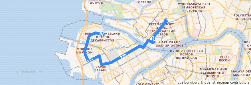 Mapa del recorrido Троллейбус № 9: улица Кораблестроителей => Ординарная улица de la línea  en São Petersburgo.