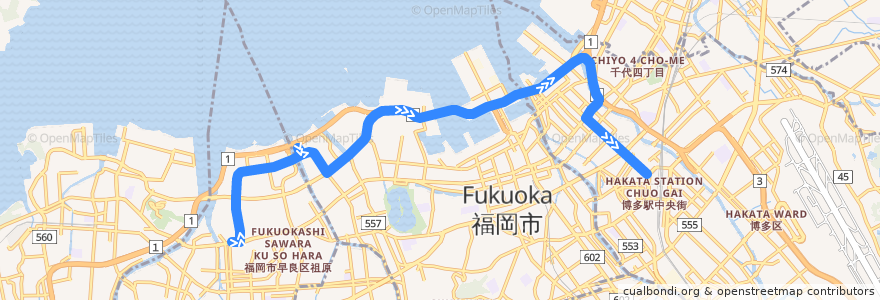 Mapa del recorrido 金武線　藤崎⇒都市高速⇒博多駅地区 de la línea  en فوكوكا.