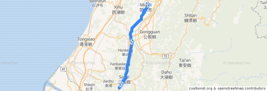 Mapa del recorrido 5664 苗栗→三義(經銅鑼) de la línea  en 苗栗縣.