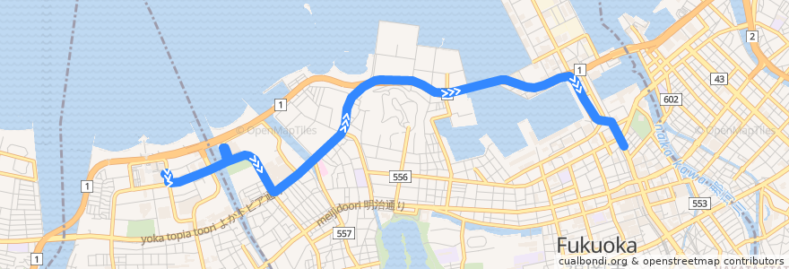 Mapa del recorrido 金武線　福岡タワー（TNC放送会館前）⇒那の津口 de la línea  en 福岡市.