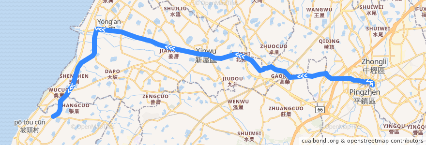 Mapa del recorrido 5027 中壢→後湖 de la línea  en Taoyuan City.