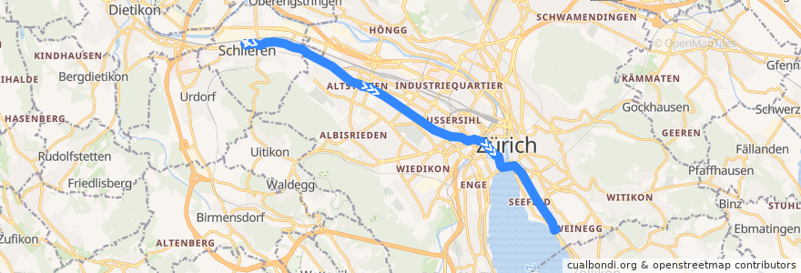 Mapa del recorrido Tram 2: Schlieren Geissweid → Bahnhof Tiefenbrunnen de la línea  en Zürich.