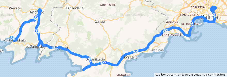 Mapa del recorrido Bus 102: Port d'Andratx → Palma de la línea  en Balear Adaları.