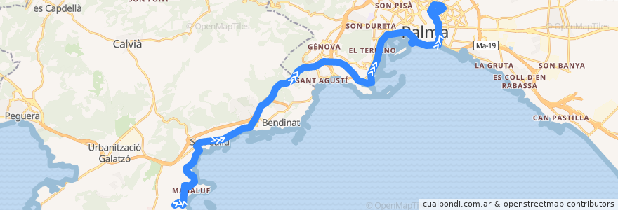 Mapa del recorrido Bus 106: Magaluf → Palma de la línea  en 발레아레스 제도.