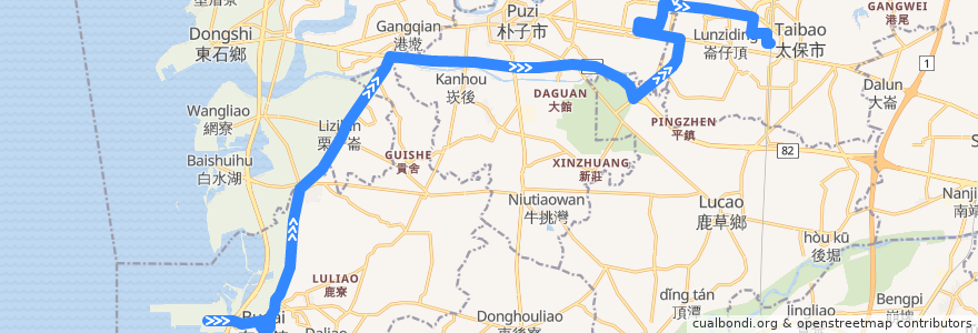 Mapa del recorrido 168(往高鐵嘉義站_返程) de la línea  en Chiayi County.
