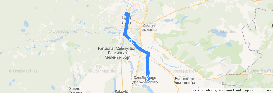 Mapa del recorrido Автобус № 131: Посёлок Дзержинского => Луга de la línea  en Rajon Luga.