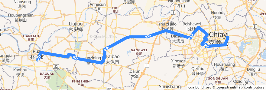 Mapa del recorrido 7211 BRT1(往程) de la línea  en Chiayi County.