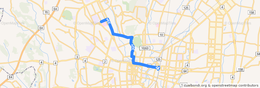 Mapa del recorrido 関東自動車バス[54] 宇都宮駅⇒西塙田⇒戸祭 de la línea  en Utsunomiya.