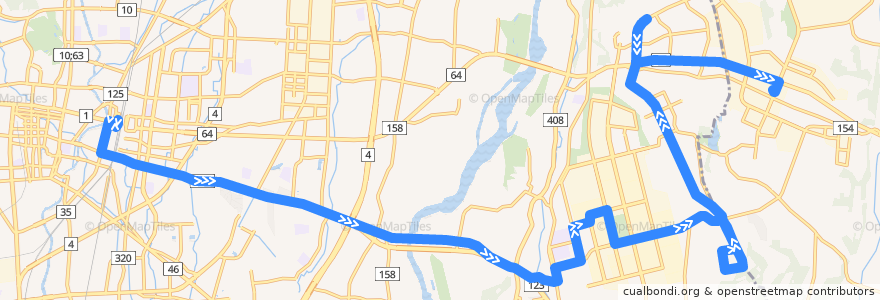 Mapa del recorrido JRバス関東水都西線 宇都宮駅⇒清陵高校・清原台団地・産業プラザ⇒芳賀バスターミナル de la línea  en 宇都宮市.