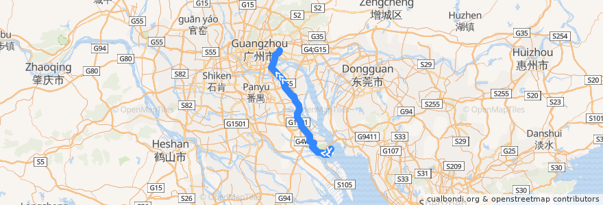 Mapa del recorrido 广州地铁4号线（南沙客运港→黄村） de la línea  en 广州市.
