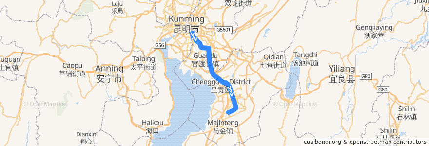 Mapa del recorrido 昆明地铁1号线 de la línea  en 昆明市.