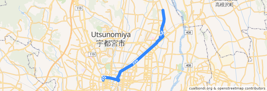 Mapa del recorrido 関東自動車バス 宇都宮東武⇒今泉九丁目⇒和久 de la línea  en 宇都宮市.