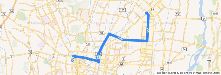 Mapa del recorrido 関東自動車バス 宇都宮東武⇒北越戸⇒御幸交番前 de la línea  en 宇都宮市.