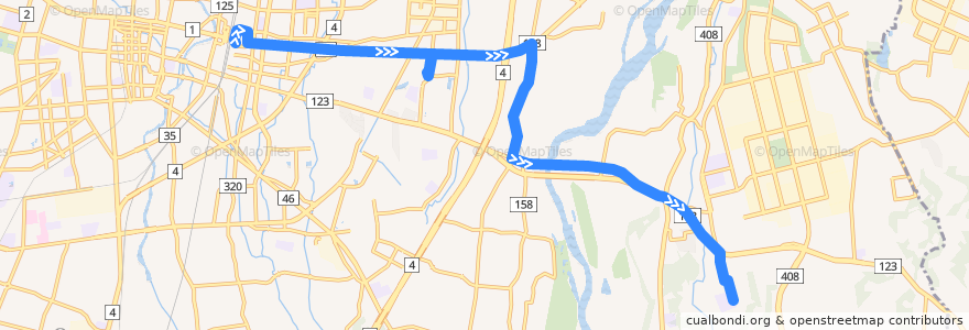 Mapa del recorrido 関東自動車バス 宇都宮駅東口⇒ベルモール⇒海星女子学院 de la línea  en 宇都宮市.