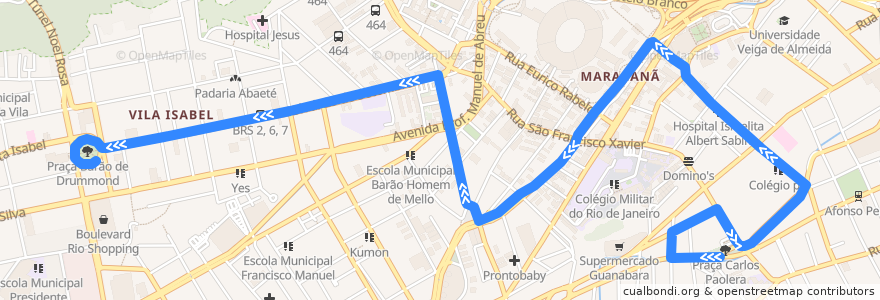 Mapa del recorrido Ônibus 605 - São Francisco Xavier → Vila Isabel de la línea  en Río de Janeiro.