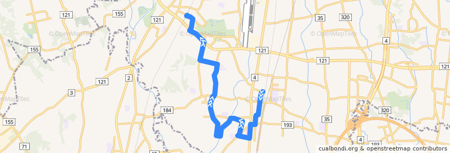 Mapa del recorrido 雀宮駅⇒さつき団地⇒西川田駅東口 de la línea  en Utsunomiya.