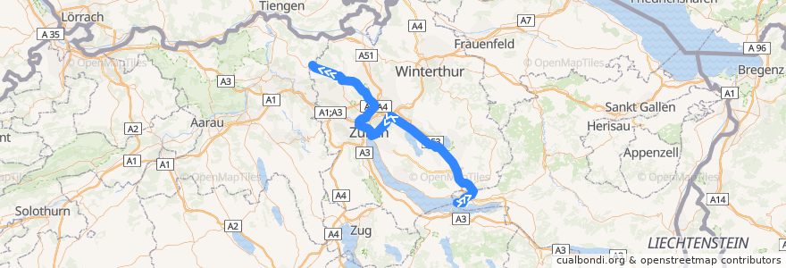 Mapa del recorrido S15: Rapperswil SG –> Niederweningen de la línea  en Zürich.