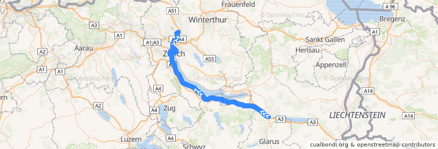Mapa del recorrido S2: Ziegelbrücke –> Zürich Flughafen de la línea  en Schweiz/Suisse/Svizzera/Svizra.